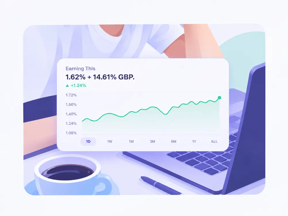An illustration of a person at a laptop with an earnings card floating beside them.