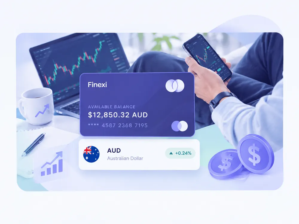 An illustration of someone checking markets on a laptop and a phone, with a currency card beside them.