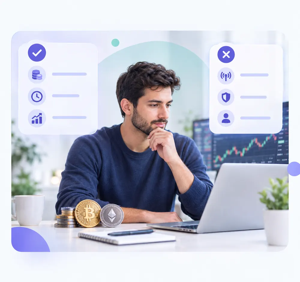 An illustration of someone weighing up crypto markets, with one panel of ticks and one of crosses beside them.