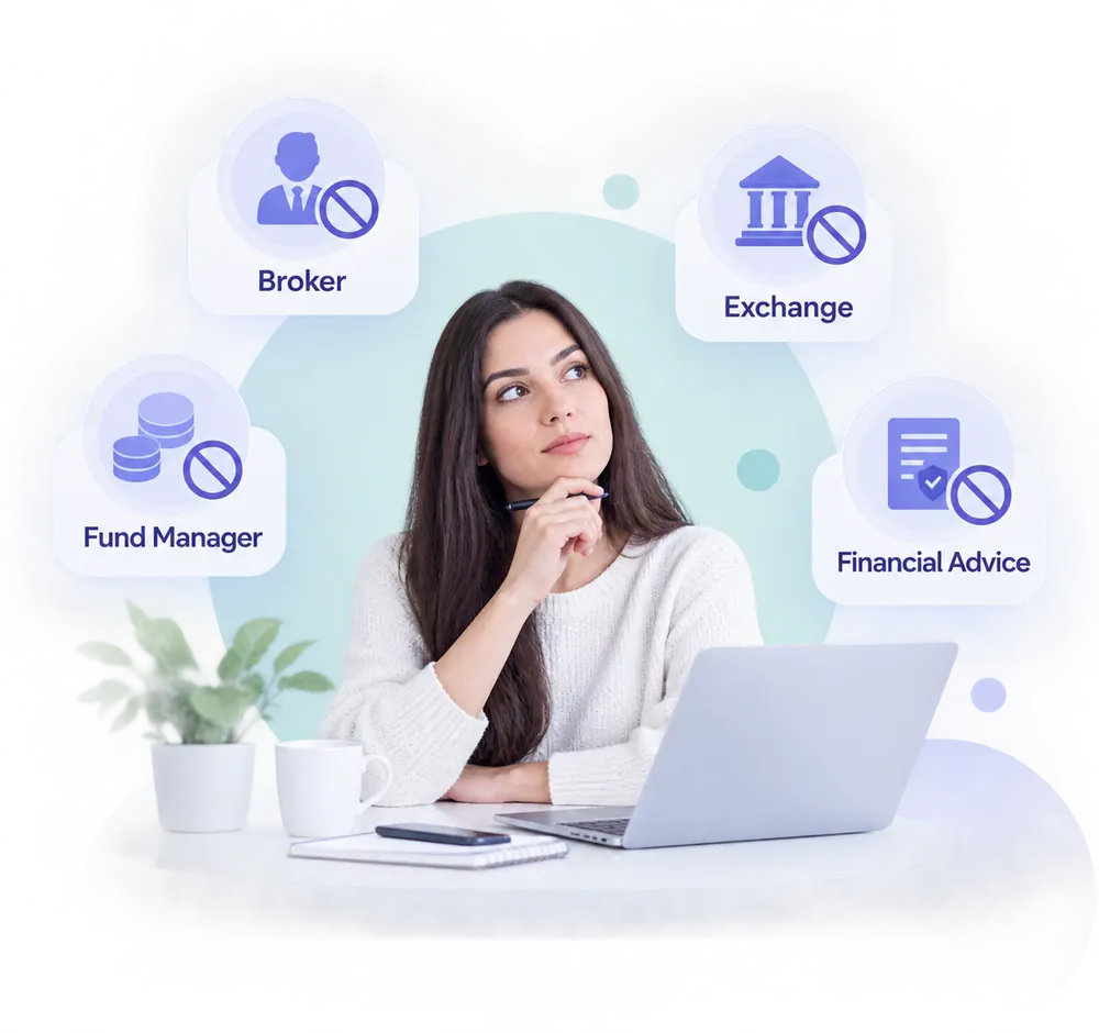 An illustration of someone considering four crossed-out roles: broker, exchange, fund manager and financial advice.